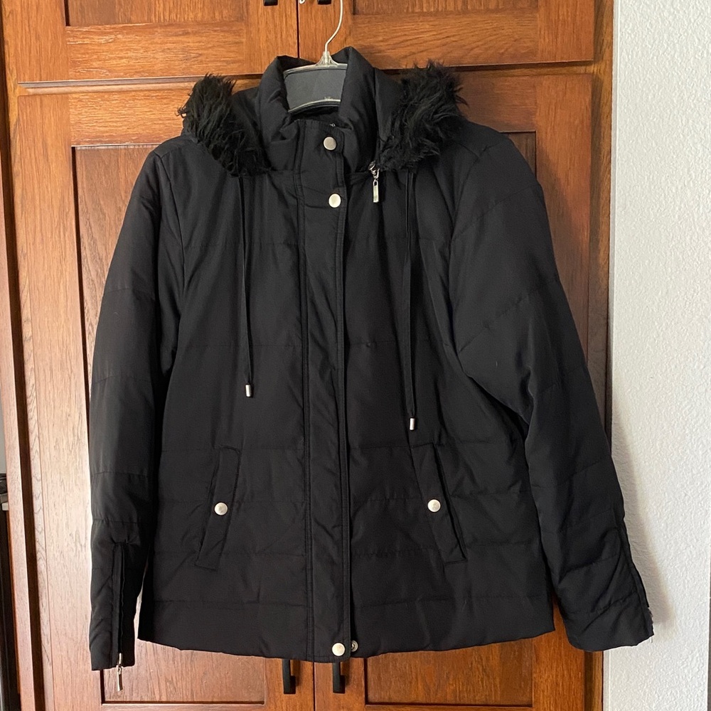 Style & Co. Black Puffer Jacket with Faux Fur Trim